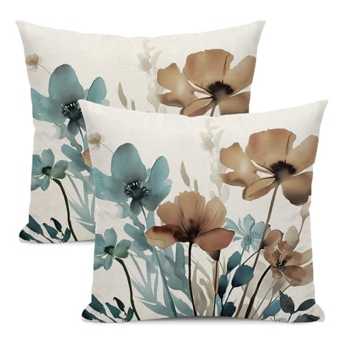 Spring Floral Pillow Covers 18x18 Inches Set of 2 Blue Brown Floral Throw Pillow Covers Outdoor Rustic Summer Flower Decoration Pillowcase Farmhouse Decorative Cushion Cover For Home Sofa Couch