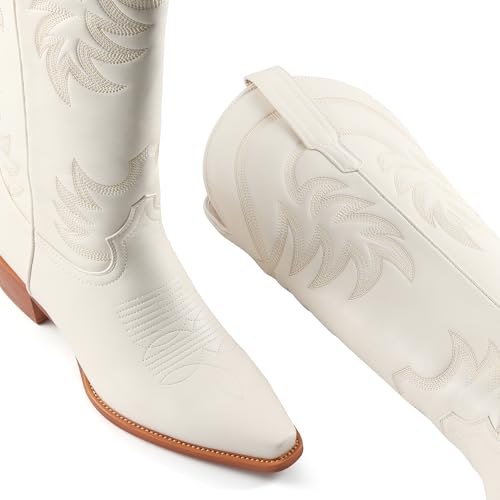 Image of iiimmu Cowgirl Boots Women Knee High Boots Pointed Toe and Block Heel Cowboy Suede and Faux Leather Boots with Embroidered