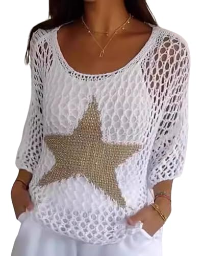 CORIRESHA Women's Summer Star Crochet Sweater Scoop Neck 3/4 Sleeves Hollow Out Knit Beach Cover Up