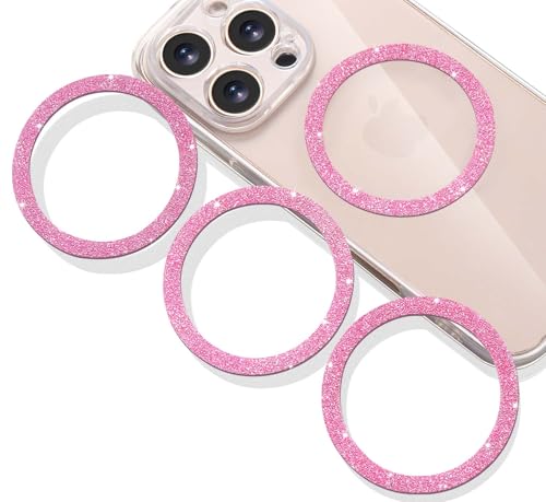 Jsoerpay Universal Metal Rings Compatible with Magsafe Sticker for All Phone Cases & Wireless Charging, Magnetic Car Mount/Phone Holder Conversion Kit, 4 Pack Glitter Pink