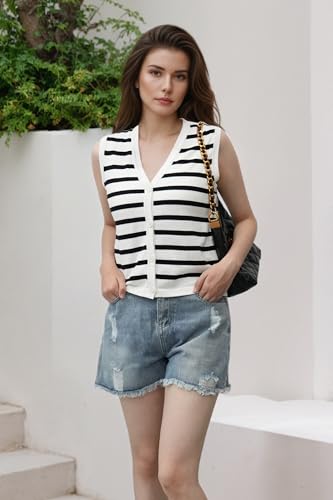 Image of Women's Striped Sweater Vest V-Neck, Fall 2025 Lightweight Cotton 100%, Vintage Button Cardigan Style Layering Staple for Turtlenecks & Jeans 18 White L
