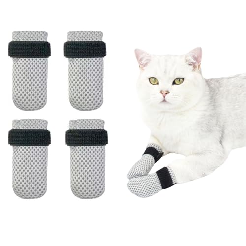 Junchl 4PCS Cat Anti-Scratch Shoes Socks, Cat Boots to Prevent Scratching,Small Dogs Nail Covers Cats Socks Cat Booties Cat Claw Cover for Bathing Shaving Checking Grey M