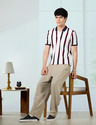 Image of Peter England Men's 100% Cotton Vertical Striped Polo T-Shirt - Casual Wear | Sleek & Comfortable