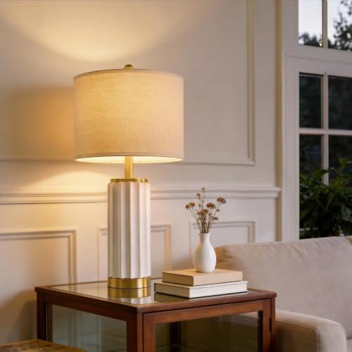 Image of USumkky 25.75 inch Off-White Ceramic Table Lamp Set of 2, Mid Century Modern Bedside Nightstand Lamps for Bedroom Living Room, Linen Shade & Gold Metal Base, Rotary Switch E26 (Bulbs Excluded)