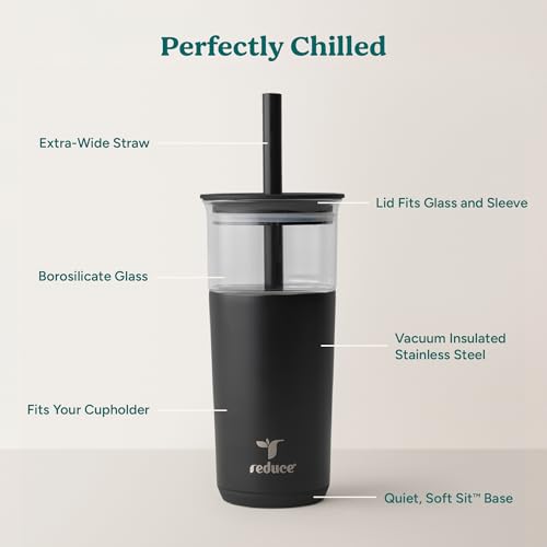 Image of REDUCE Aspen 20 oz Vacuum Insulated Glass Tumbler with Lid & Extra Wide Straw - Keeps Drinks Cold for 12 Hrs - Ideal for Iced Coffee, Smoothies & Boba - Dishwasher Safe, Soft Base - Phantom