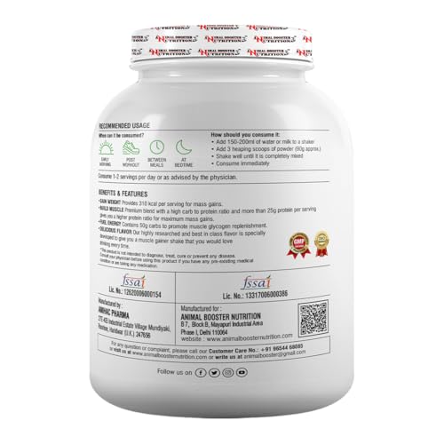 Image of Animal Booster Nutrition Maha Mass Gainer, 25 Grams of Protein in 90gm of Serving Helps in Gain Weight, Build Muscle & Fuel Energy - Kesar Pista Flavor (33 Servings /3KG)