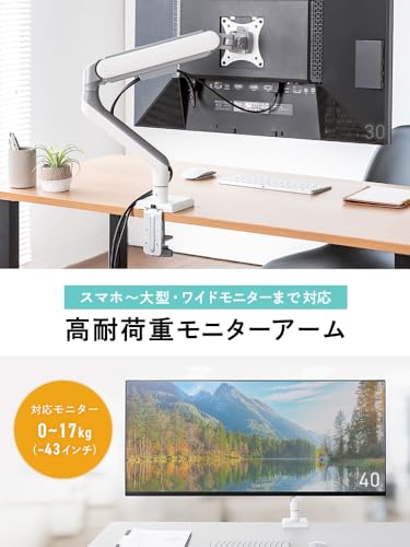 イーサプライ モニターアーム 大型 43インチまで対応 ガススプリング式 耐荷重0～17kg クランプ式 グロメット式 VESA対応 多角度調整 テレビ 配線隠し 白 ホワイト EEX-LAF03WH
