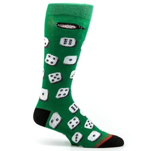 Fashion Print Crew Socks for Men - Anti Theft Novelty Dress Socks w/Hidden Zipper Stash Spot Pocket for Travel ID, Keys, Cash - Dice on Green2