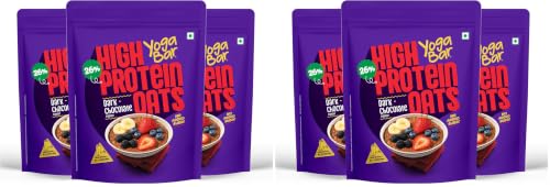 Image of Yogabar 26g High Protein Oats 1kg, Pack of 6 , Dark Chocolate - Breakfast Cereal with Wholegrains, 26% Protein & No added sugar - Oats High Protein for Gym - Premium Protein Blend with Whey Protein Powder - with Goodness of Chia, Sunflower & Pumpkin Seeds & Probiotics for Absorption