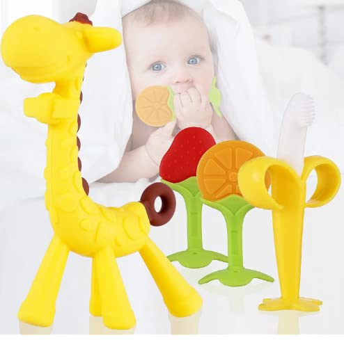 Image of Infant Teething Set For Baby, 4 And 2 Pack Combo Set, Silicon Baby Teethers Set, Bpa Free (Multicolors) (Giraffe Teether Set (1 Banana Brush + 2 Silicone Teether + 1 Giraffe Teether))