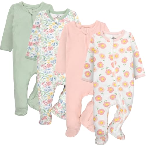 Image of Baby Essentials Baby Girls 4 Piece Outfit Set – Footie Sleepwear Pajama Bodysuits – Spring & Summer Baby Clothes Gift Set