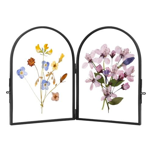 REDHUGO Double Glass Frame for Pressed Flowers Handmade Pressed Flower Frame Hinged Tabletop Brass Photo Frames Dried Flower Display Folding Picture Frame for Home ArcShaped Black 46 Inches