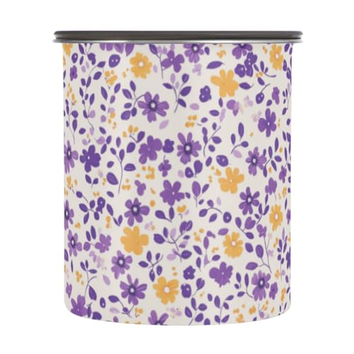Amooorous Recipientes de alimentos de diseño de flores y hojas de color morado y amarillo con tapas, contenedor de cereales de acero inoxidable, 1 botón de apertura para cereales