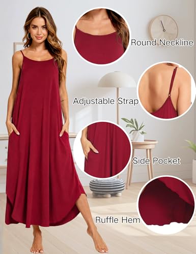 Image of SWOMOG Women Long Nightgown Pajama Dress Soft Strap Nightdress Summer Sleeveless Nightshirt Lounge Dress with Pockets