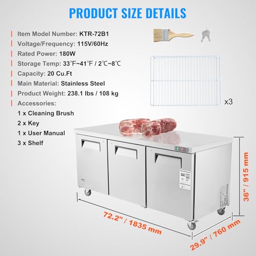 Image of VEVOR 72 inch Commercial Refrigerator Sandwich & Salad Prep Table, 20 Cu. Ft Stainless Steel Refrigerated Food Prep Station with 3 Doors, Frost Free Refrigerator with Lock for Restaurant, Bar, Store