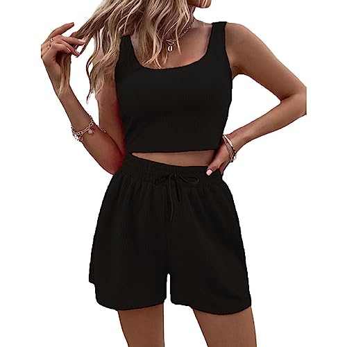 Ensemble femme côtes été 2 pièces débardeur sans manches et short ajusté