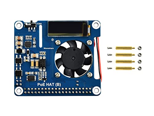 Waveshare Power Over Ethernet HAT for Raspberry Pi 3B+/4B, 802.3af-Compliant with OLED for real-time Monitoring Temperature, IP, and Fan Status
