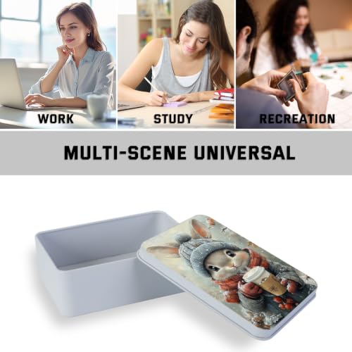 Image of Metal Tin Box with Lid,Multi-functional Storage Box Can Store Tea Biscuits Game Cards, Playing & Tarot Cards-Comes with 4 Magnetic Cord Clips,Winter Bunny