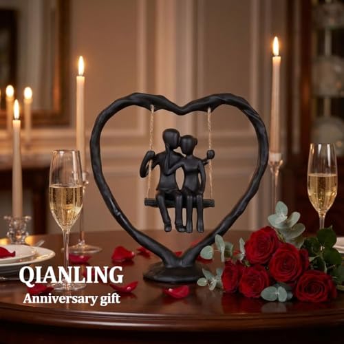 Estatua decorativa de pareja en corazón de resina negra miniatura 7