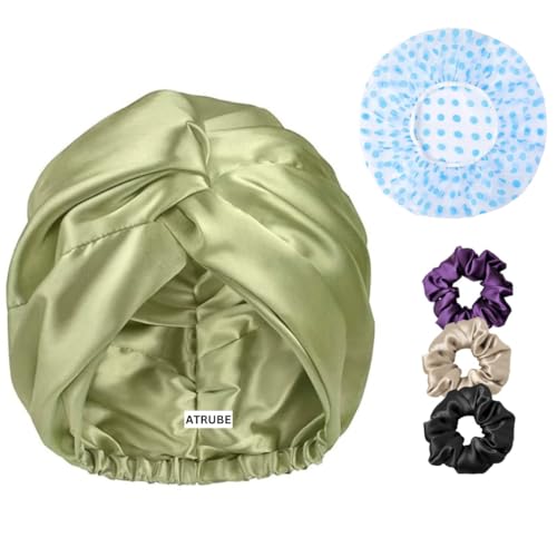 Image of Atrube's Silk Satin Hair Bonnet Reversible Sleep Cap with adjustable tie band Shower Cap, Reusable waterproof elastic bathroom cap And Scrunchies Silk bonnet for hair (Green)