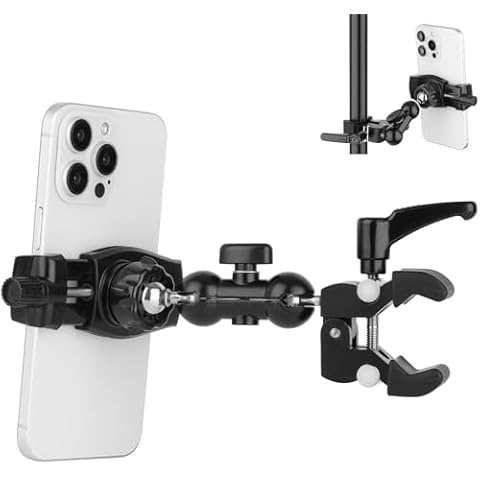 Mippko Phone Holder Clamp Mount for Treadmill/Spin Bike/Baby Stroller/Golf Cart/Music Stand/Microphone Stand/Handlebar,Compatible with 3.5~7.5" iPhone/Smartphone,360°Adjustable Aluminum Alloy Mount Cover