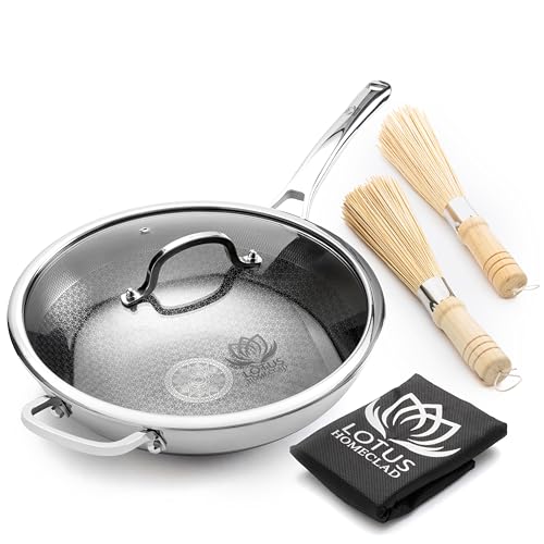 Hybrid Wok Pan, Nonstick, PFOA Free 12 Inch Induction Wok With Lid, Dishwasher Safe Cooking Pan For All Cooktops, Stainless Steel Cookware, Woks & Stir-Fry Pans, Bonus Bamboo Dish Brush