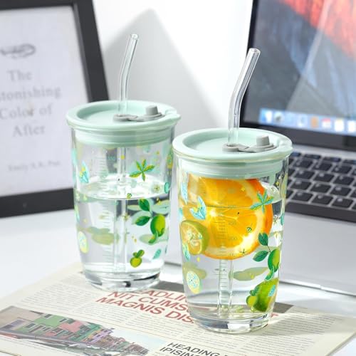 Image of Reusable Glass Coffee Sipper Mugs with Lid & Silicone Straw Multipurpose Drinking Glasses Tumbler with Leather Sleeve Cup for Juice Smoothies Iced Tea Home & Travel 1