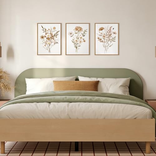 Image of KAIRNE Neutral Boho Floral Framed Canvas Wall Art Set, Vintage Botanical Flower Wall Decor, Minimalist Wildflower Art Prints, Modern Beige Artwork for Living Room, Bedroom, Farmhouse, Office-12 inchx16 inchx3