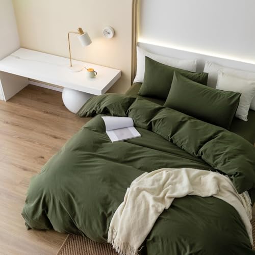 JIYUAN 100% Washed Cotton Duvet Cover Set 3 Pieces Full, 1 Duvet Cover 80x90 Inches(Comforter Not Included) and 2 Pillowcases,Linen Feel Bedding Set Comfy and Breathable,Olive Green