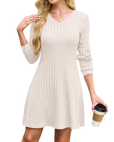 AUSELILY Strickkleid Damen Herbst Leicht Kleid Langarm Elegant Herbstkleid V Ausschnitt Dünne Pulloverkleid Aprikose XL