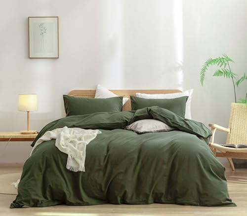 Image of BESTOUCH Cotton Solid Duvet Cover Set Linen Feel Olive Green Alaska King | 100% Washed Cotton, Soft Wrinkle Texture, Hidden Zipper, 8 Ties, Breathable Lightweight Durable Comfy, 3 Pcs No Insert
