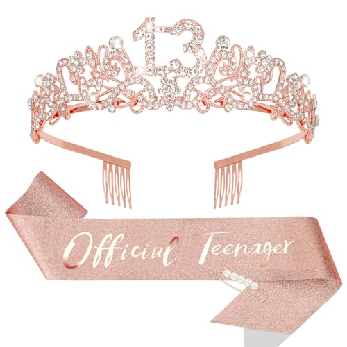 KIUEZIR 13. Geburtstagskrone & Schärpe Set in Roségold - Haltbare Legierung & Strass Blumen Tiara Diadem mit Anti-Rutsch Kämmen, Glitzer Schärpe & Perlen-Stecknadel für Deko 13 Geburtstag