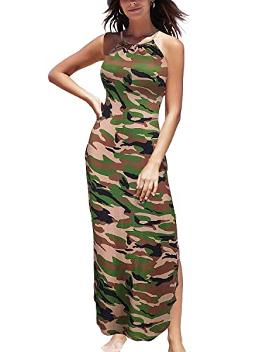 Souqfone Womens Summer Sleeveless Halter Neck Long Dress Vacation Sundress Side Split Boho Maxi Dresses-Xl,Camouflage #TOP18