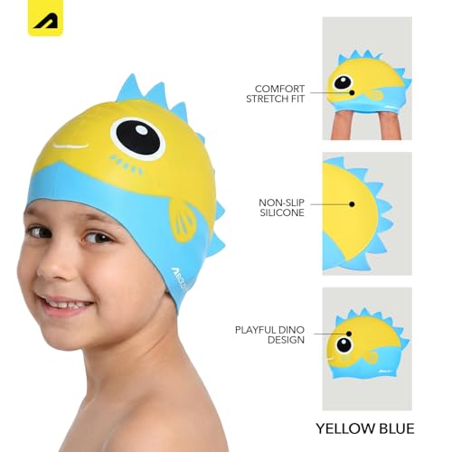 Image of Boldfit DinoSplash Kids Swimming Cap Fun Yellow & Blue Dinosaur Theme Non-Slip Silicone Swim Cap for Boys & Girls (Age 3-12)