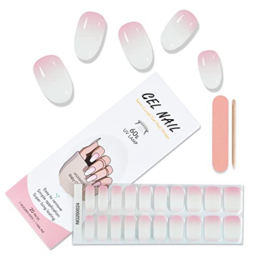 MRTREUP Semi Cured Gel Nail Strips, Gel Nail Stickers with UV Light, 20PCS Adhesive Full Nail Wraps Art Sticker with Nail File and Stick(Gradient Pink)