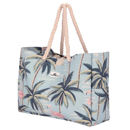 Image of SUN NINJA Canvas Beach Tote Bag with 3 Pockets and a Wooden Closure Toggle