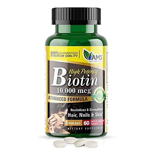 America Medic & Science High Potency Biotin 10,000 mcg (1 Pack of 60 Tablets) Vitamin B7 Dietary Supplement for Men and Women, Hair Growth Support, Vitamins for Healthy Skin, Nails and Metabolism