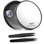 Nymora 40x Magnifying Mirror with 2 Suction Cups and Slant Tweezers, 3.5 Inches, Cosmetic Mirrors for Precise Makeup, Eyebrow Plucking & blackheads Romoving (Black)
