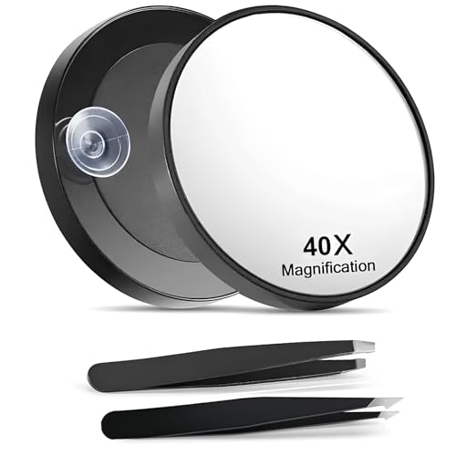 Nymora 40x Magnifying Mirror with 2 Suction Cups and Slant Tweezers, 3.5 Inches, Cosmetic Mirrors for Precise Makeup, Eyebrow Plucking & blackheads Romoving (Black)