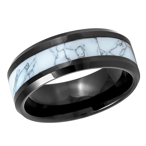 Men’s 8mm Tungsten Carbide Ring with White Marble Inlay – Black Beveled Edge Comfort Fit Wedding Band or Fashion Ring4