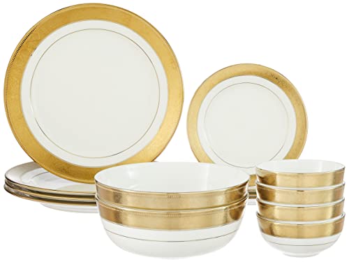 Amazon Brand - Solimo Ceramic 14 Piece Premium Dinner Set | 4 Dinner Plates, 4 Quarter Plates, 2 Large Bowls & 4 Small Bowls | Golden Strip - Floral