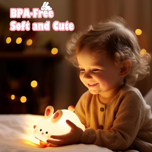Image of Priyana Rabbit Night Light for Kids, Cute Silicone Bunny Lamp with 3 Brightness Modes, Rechargeable Baby Night Lamp, Soft LED Bedside Light for Nursery, Bedroom, Gift Decoration