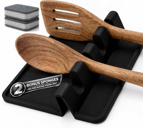 Spoon Rest for Stove Top, Silicone Spoon Holder for Kitchen Counter, Heat Resistant Drip Pad, BPA Free, Non-Slip, 4 Slots, Includes 2 Bonus Sponges (Black)