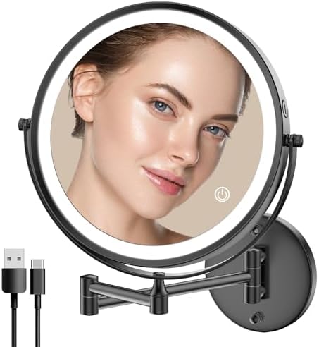 Rocollos 9 Wall Mounted Lighted Makeup Mirror. Large Double Sided 1X/10X Magnifying Mirror. 3 Co...