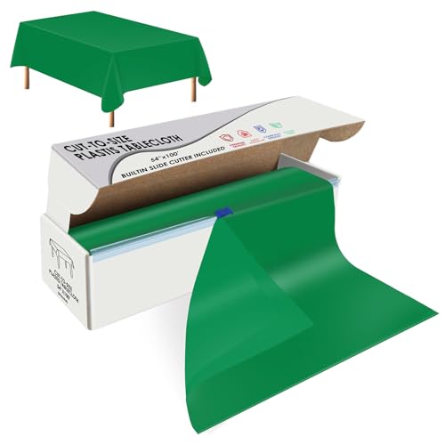 Image of tujol Green Disposable Plastic Table Cloth Roll 54 inch X 100', Plastic Table Cover with Cutter Box, Cut to Size Disposable Tablecloth for Parties