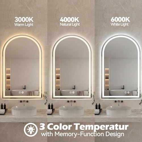 Image of Sweetcrispy 24 inchx36 inch LED Bathroom Backlit Mirror with Lights, Arched Vanity Mirror with Anti-Fog, Dimmable, 3-Color Light, Memory Function, Tempered Glass