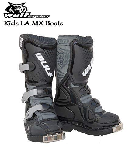 MOTORBIKE WULFSPORT WULF KIDS LA MX ENDURO BOOTS Motorcycle Motocross Cub LA Junior Quad ATV BMX MTB Off Road Sport Racing Armour Boots BLACK (UK 6 / EU 39)