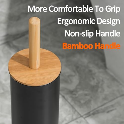Image of Toilet Bowl Brush and Holder, Toilet Brush with Bamboo Handle and Covered Holder, Dual Brush Options, Weighted Metal Base (Black)