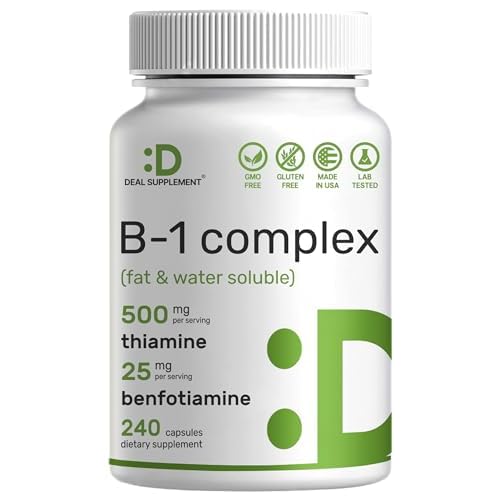 DEAL SUPPLEMENT Vitamin B1 500mg with Benfotiamine, 240 Capsules – 2 in 1 Enhanced Formula – Fat & Water Soluble Thiamine B1 Supplement – Third Party Tested, Non-GMO, No Gluten