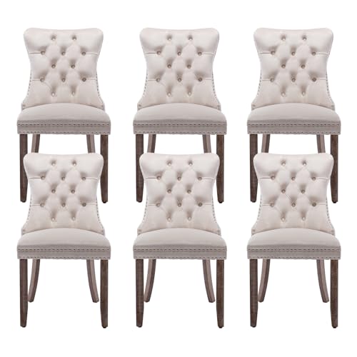 MZDOO Beige Velvet Dining Chairs Set of 6, Modern Dining Room Chairs with Tufted Back and Solid Wood Legs, Upholstered Dining Chairs for Dining Room/Kitchen, Beige